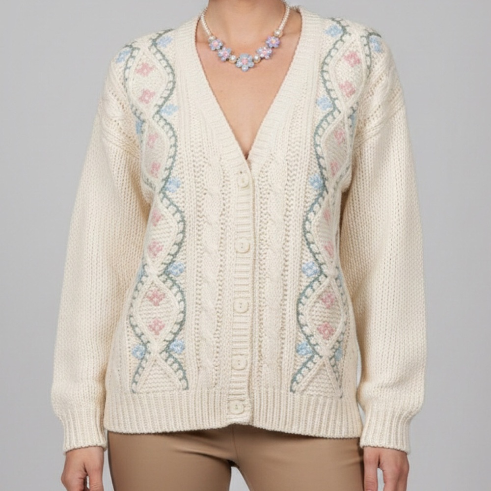 Vintage Blair Boutique Cable Knit Fisherman Cream Pink Floral Hand Knitted